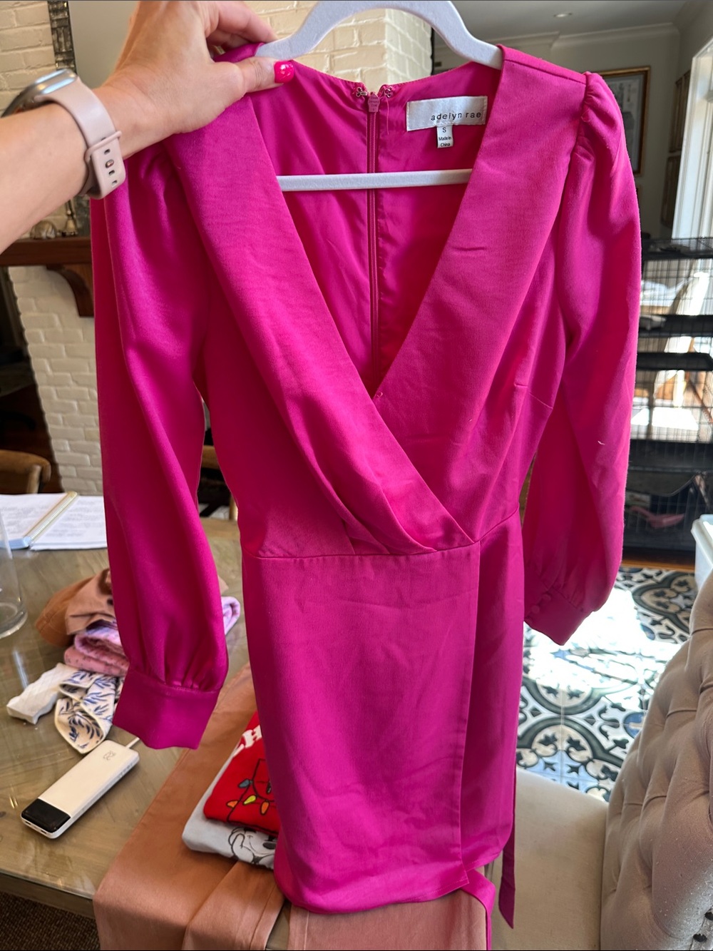 Adelyn Rae Hot Pink Long Sleeve Mini Wrap Dress
